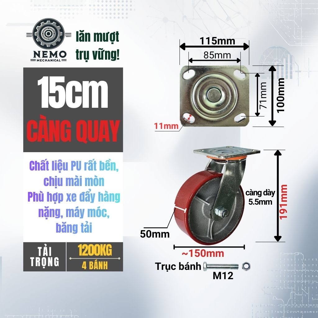 Bánh Xe PU Lõi Sắt Tải Nặng – Khung Càng Thép 5.5mm (D100, D125, D150, D200)